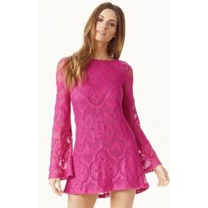 Nightcap Clothing Priscilla Magenta Pink Bell Sleeve Open Back Crochet Dress 2